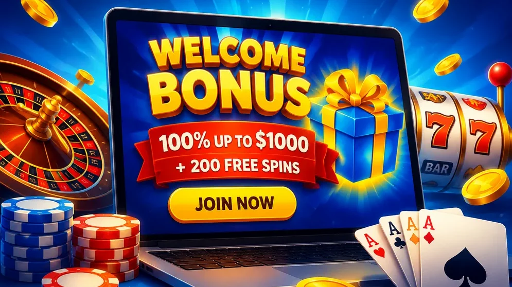 casino welcome bonus offer on laptop screen
